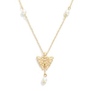 Gold Butterfly Pendant Necklace with Pearls